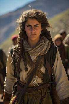Determined mountain woman in traditional clothing photo