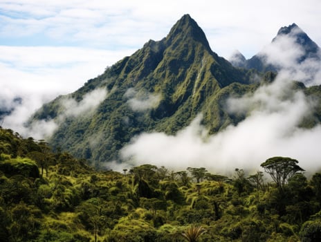 Lush tropical mountain landscape with clouds photo