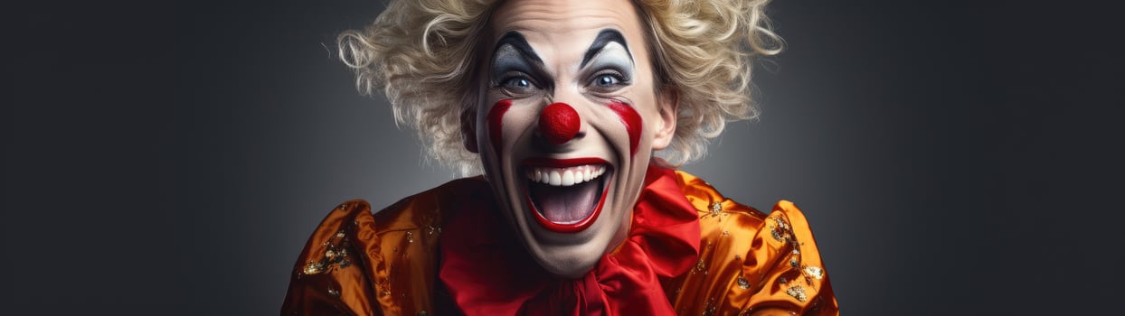 Excited clown with curly hair and makeup photo