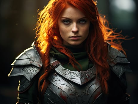 Fierce warrior woman with fiery red hair photo