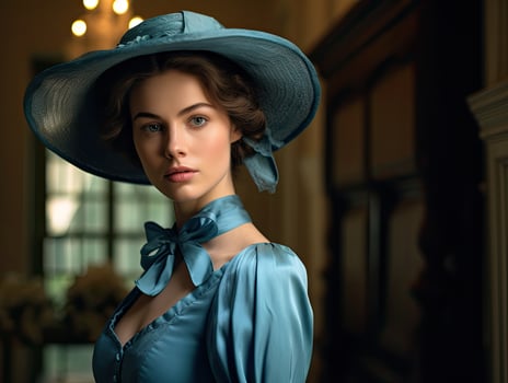 woman in elegant blue dress and hat photo