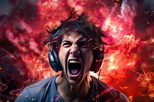intense gamer screaming with headphones photo