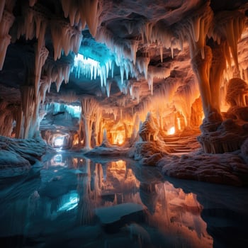 Stunning ice cave with glowing formations photo