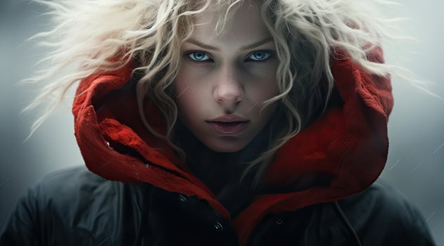 Intense gaze of a mysterious woman in a red coat photo