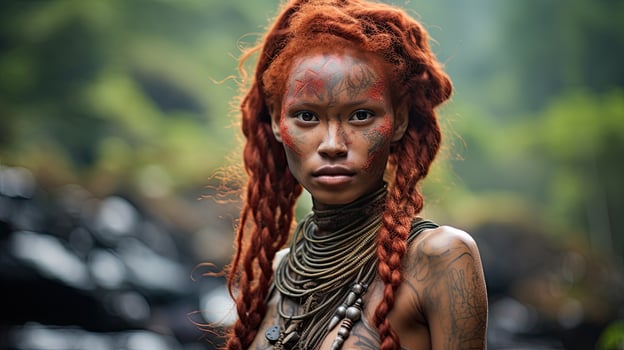 Tribal warrior woman with red hair and face paint photo
