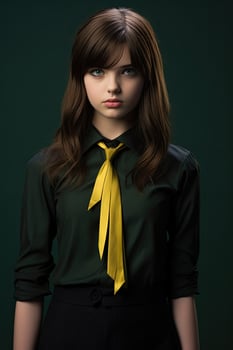 Serious young woman in black suit and yellow tie photo