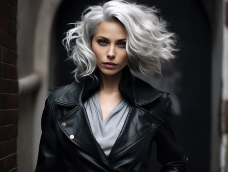 Stylish woman with platinum blonde hair photo