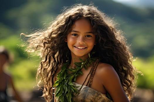 Smiling girl with curly hair and floral crown photo