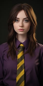 Portrait of a young woman in a purple shirt and yellow striped tie photo