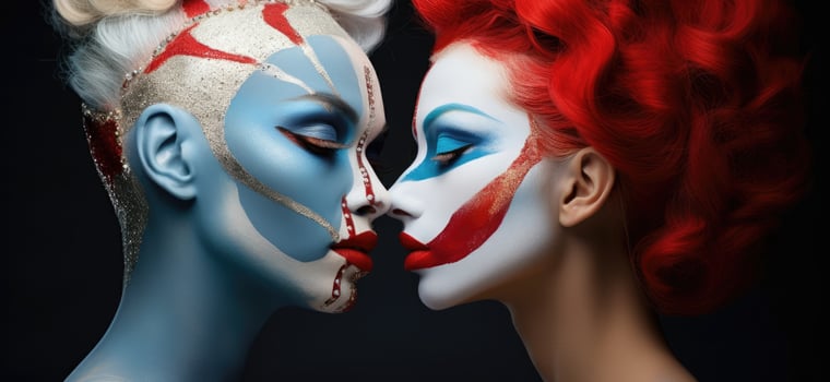 Dramatic makeup portrait of two faces in vibrant colors photo