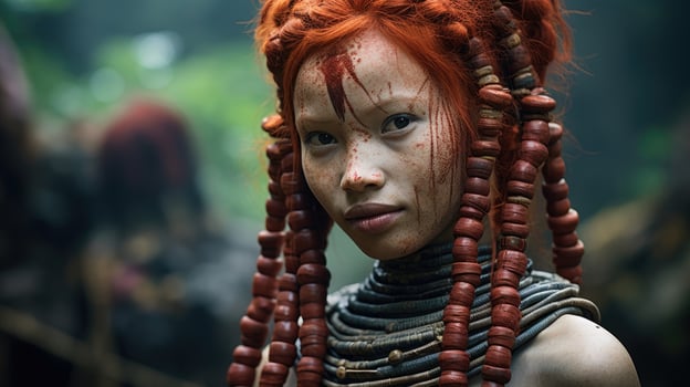 Mysterious tribal woman with face paint and beaded jewelry photo