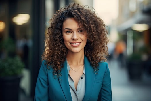 Confident young woman with curly hair smiling photo
