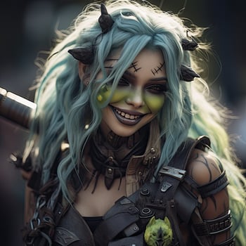 Fierce fantasy female warrior with horns and makeup photo