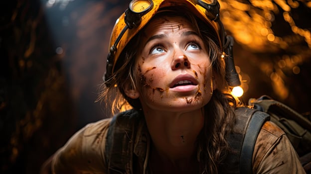 Determined female explorer in rugged environment photo