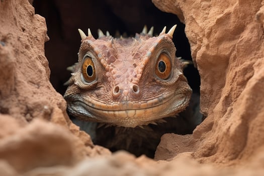 close up of a curious lizard in a rocky cave photo