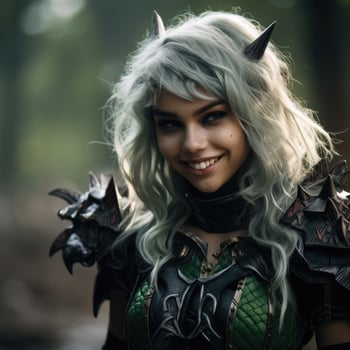 Smiling woman with silver hair and horns in fantasy costume photo