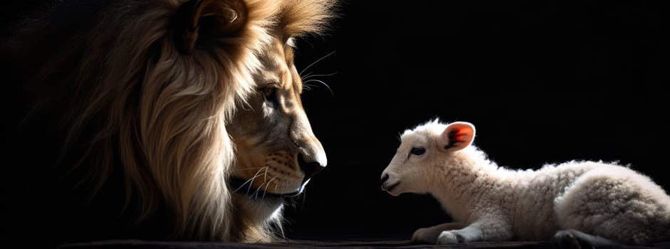 powerful lion and innocent lamb facing off photo