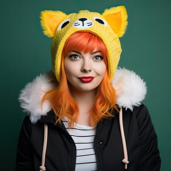 Vibrant young woman with bright orange hair wearing a playful animal themed hat photo