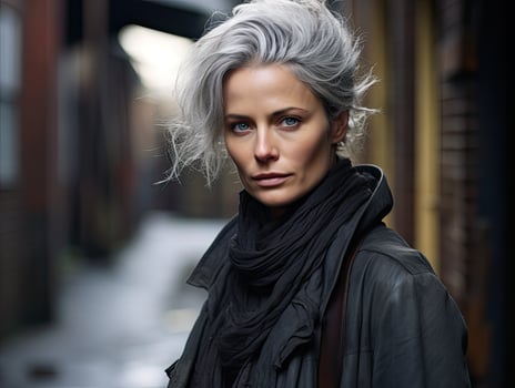 mature woman with gray hair in black scarf and coat photo