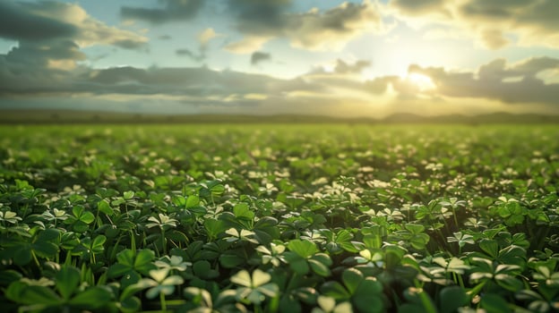 Green Clover Field with Sunset Sky in Background photo