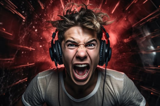 Angry gamer with headphones screaming photo