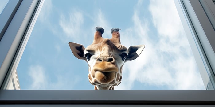 curious giraffe looking through window photo