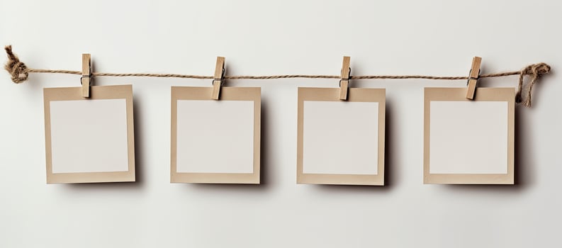 blank photo frames hanging on a rope