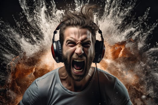 Intense gamer with headphones screaming photo