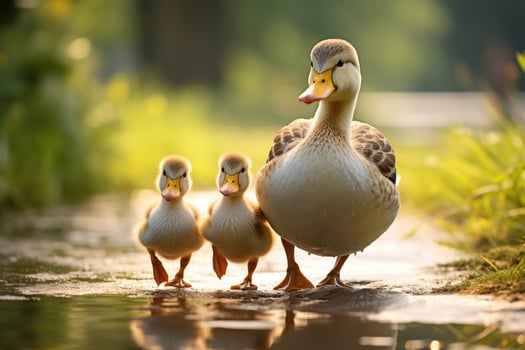 Adorable baby ducklings following their mother photo
