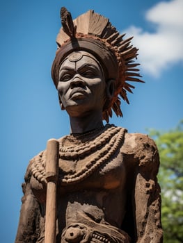 Tribal statue with intricate headdress and beaded necklace photo