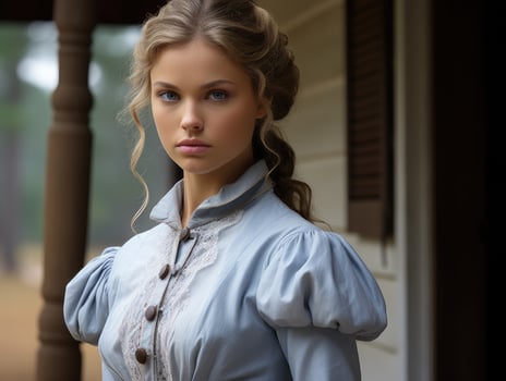 young woman with braided hairstyle in vintage dress photo