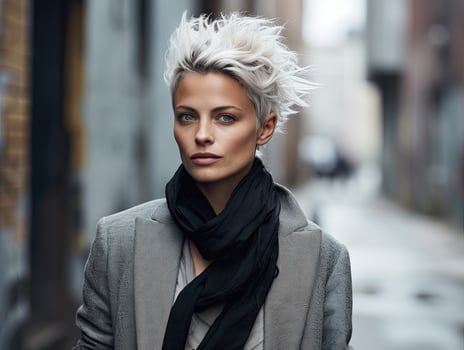 Stylish woman with windswept hair in urban setting photo