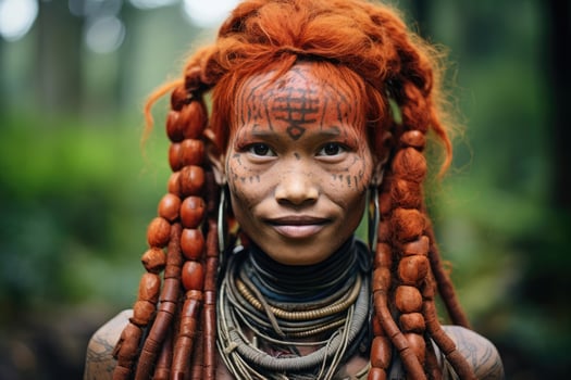 Tribal woman with intricate face tattoos and braided hair photo