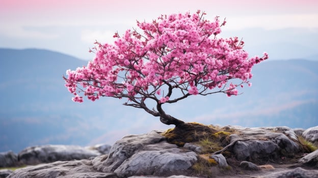 Vibrant pink cherry blossom tree on rocky cliff photo