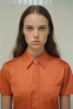 Serious young woman in orange shirt photo