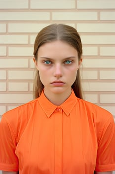 woman in orange shirt standing against brick wall photo