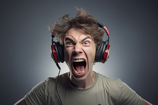 Angry young man screaming with headphones photo