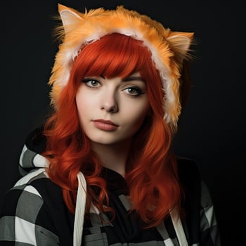 Vibrant redhead with furry headpiece photo