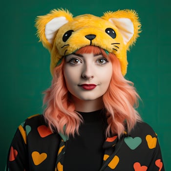Colorful portrait of a woman wearing a fun animal hat photo