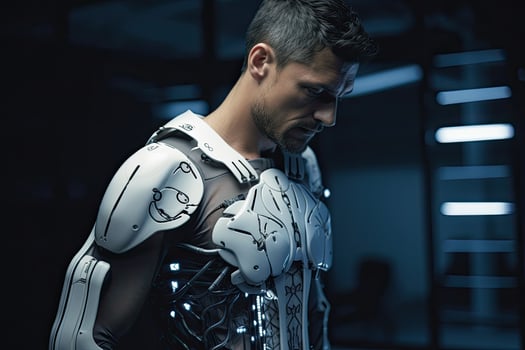 Futuristic cyborg with advanced robotic arm photo