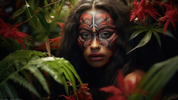 mysterious woman with painted face in jungle photo