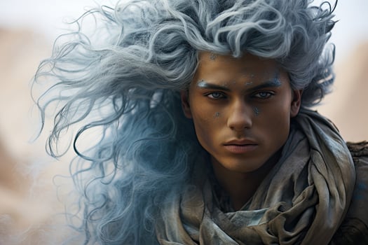 Dramatic portrait of a young person with striking silver hair and face paint photo