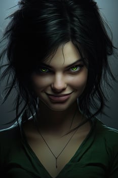 Intense gaze of a mysterious woman with glowing green eyes photo