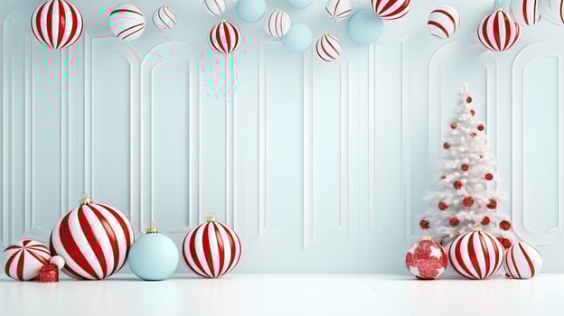 festive christmas holiday background with decorative ornaments and tree photo