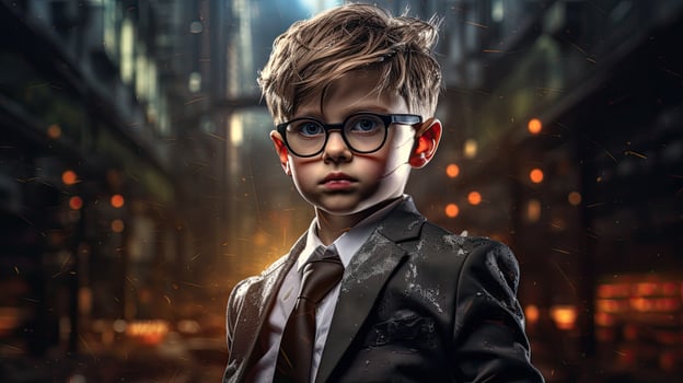 Serious young boy in suit and glasses photo