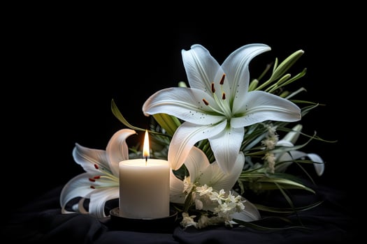 Elegant white lily flowers and burning candle on dark background photo