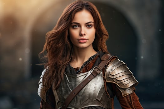 Fierce female warrior with long brown hair in fantasy armor photo