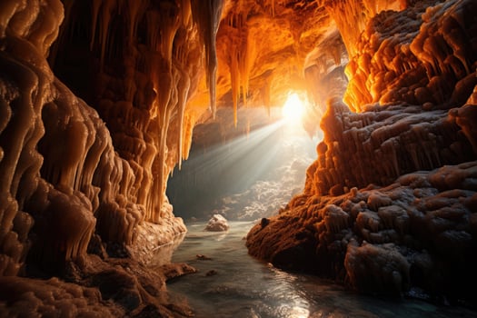 Stunning underground cave with glowing orange rock formations and sunlight streaming through photo
