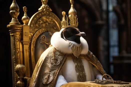 Regal penguin in ornate golden crown photo