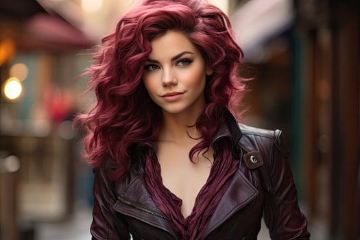 Stylish woman with vibrant red curly hair photo